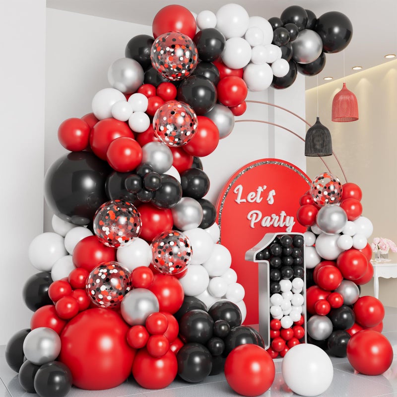DBKL Red Black and White Balloon Garland Arch Kit with Different Size Red Black White Silver Confetti Balloons for Shower Birthday New Year Graduation Wedding Racing Car Poker Party Decorations - Image 2