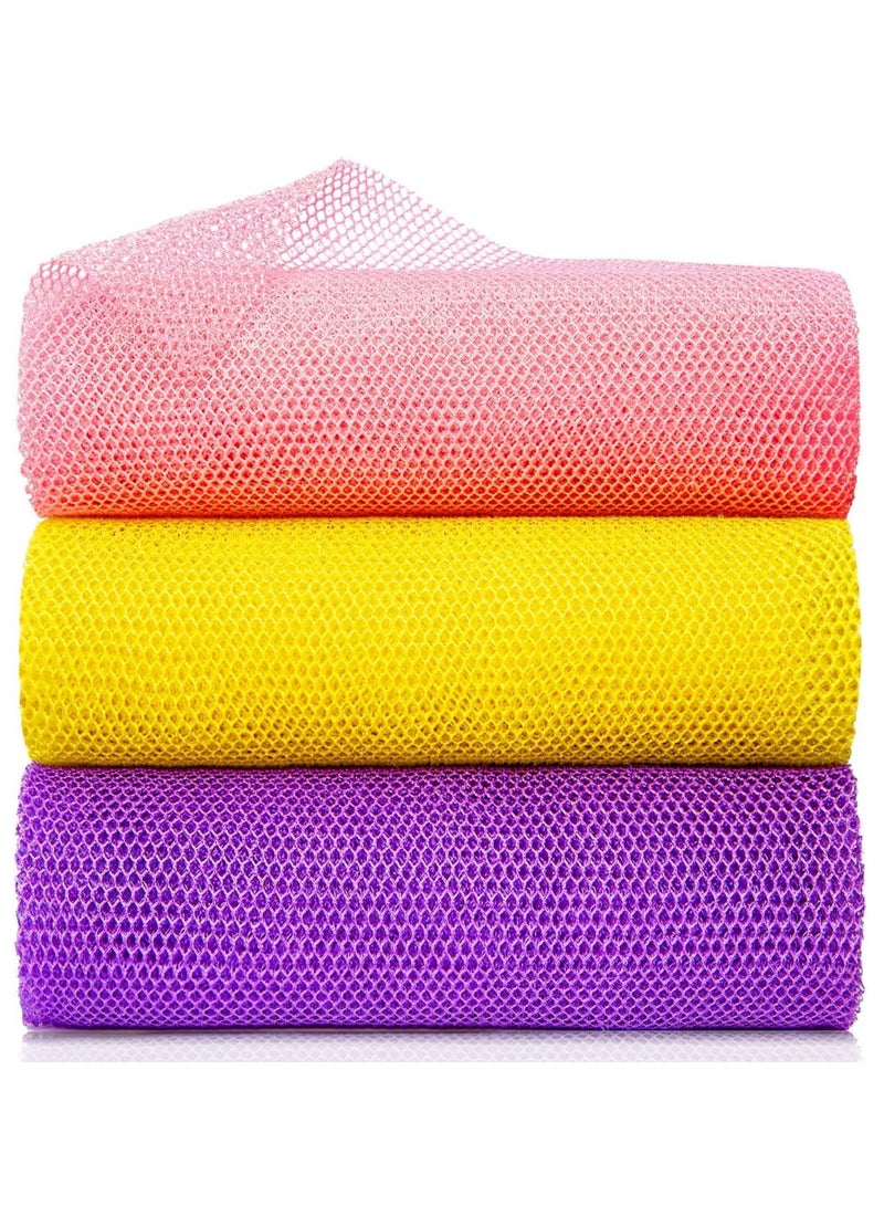 SYOSI شبكة تقشير أفريقية، 4 قطع اسفنجة شبكة أفريقية، شبكة اسفنجة استحمام نيلون أفريقية، شبكة طويلة من الاسفنج الأفريقي، ليف الاستحمام جسم فرك الظهر، مكّيّن جلد (وردي، أصفر، بنفسجي) - Image 1