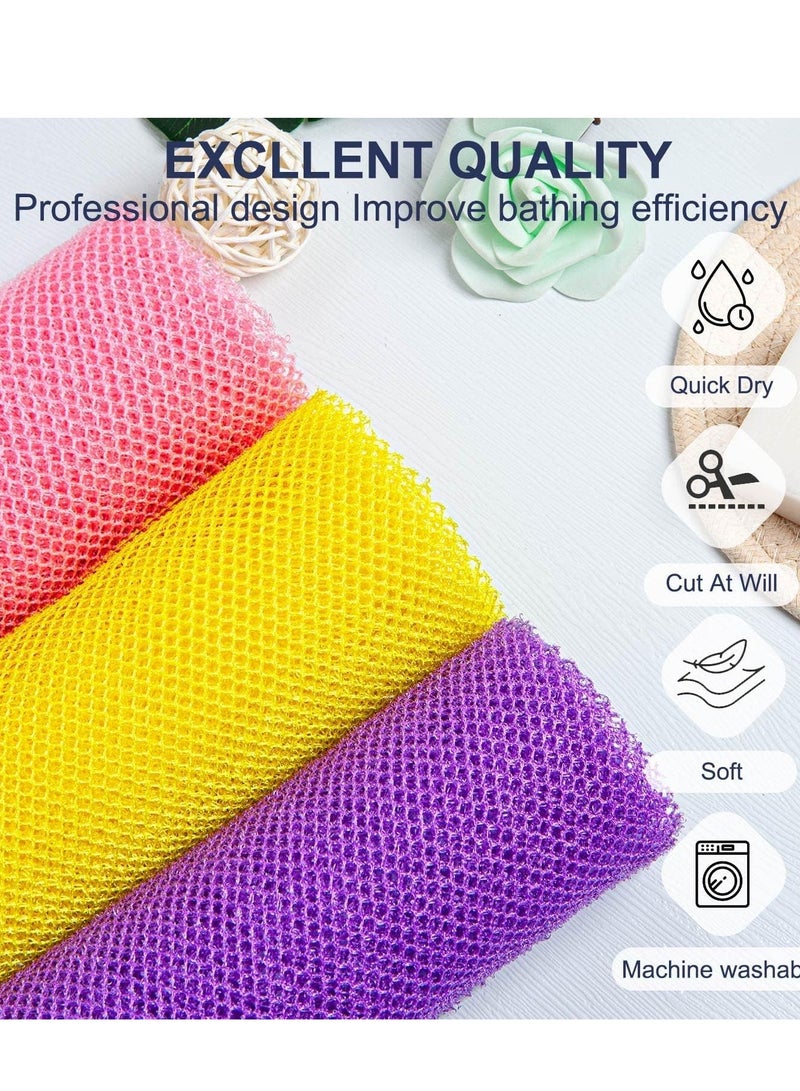SYOSI شبكة تقشير أفريقية، 4 قطع اسفنجة شبكة أفريقية، شبكة اسفنجة استحمام نيلون أفريقية، شبكة طويلة من الاسفنج الأفريقي، ليف الاستحمام جسم فرك الظهر، مكّيّن جلد (وردي، أصفر، بنفسجي) - Image 2