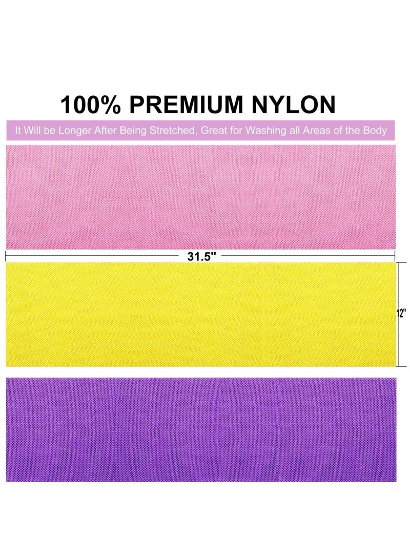 SYOSI شبكة تقشير أفريقية، 4 قطع اسفنجة شبكة أفريقية، شبكة اسفنجة استحمام نيلون أفريقية، شبكة طويلة من الاسفنج الأفريقي، ليف الاستحمام جسم فرك الظهر، مكّيّن جلد (وردي، أصفر، بنفسجي) - Image 3