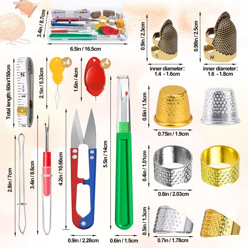 CousDUoBe 20 Pcs Sewing Thimble Kit,thimbles for Hand Sewingï¼ŒNeedle threadersï¼ŒSeam Rippers for Sewingï¼ŒMeasuring Tape and Thread Snips, Hand Embroidery Craftï¼ˆComplete Sewing Kitï¼‰ - Image 2