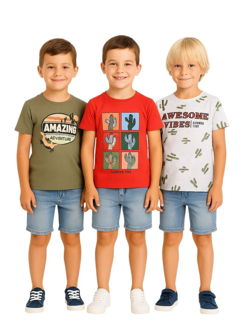 Victor And Jane  Boys' 3-Pack T-Shirts (2-8Y)  Grey, Coral & Olive, (100% Cotton) for Men | Best Price UAE