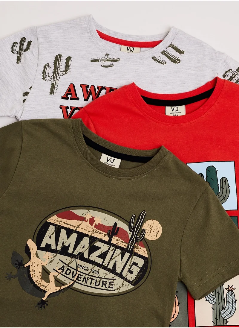 Victor And Jane  Boys' 3-Pack T-Shirts (2-8Y)  Grey, Coral & Olive, (100% Cotton) for Men | Best Price UAE