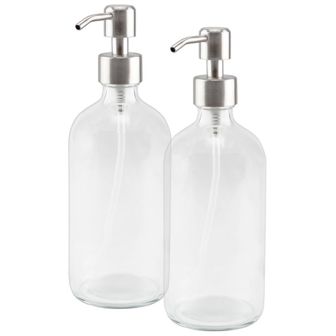 16OUNCE CLEAR GLASS BOTTLES WSTAINLESS STEEL PUMPS 2 PACK SOAP DISPENSER GREAT FOR ESSENTIAL OILS LOTIONS LIQUID SOAPS