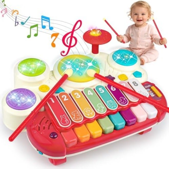 AugToy Baby Piano Drum Set for Toddlers 1-3, Musical Toys 3 in 1 Baby DJ Table Piano Keyboard Xylophone Drum Instruments for 1 2 Year Old Boys Girls Music & Light Activity Table Babies First Birthday Gifts - Image 3