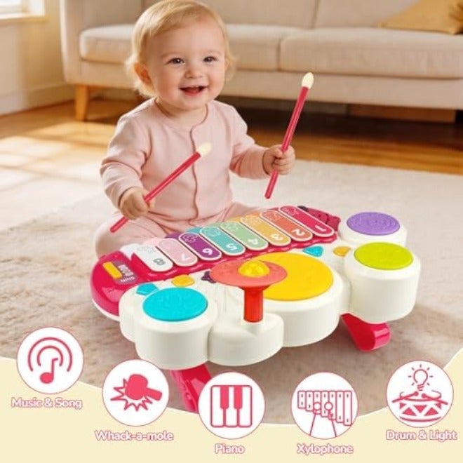AugToy Baby Piano Drum Set for Toddlers 1-3, Musical Toys 3 in 1 Baby DJ Table Piano Keyboard Xylophone Drum Instruments for 1 2 Year Old Boys Girls Music & Light Activity Table Babies First Birthday Gifts - Image 4
