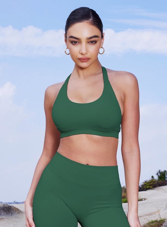 VOYJOY Women Workout Impact Bras Medium Low Support Halter Sports Bras Seamless Open Back Gym Padded Yoga Crop Top, Eden Green, S - Image 5