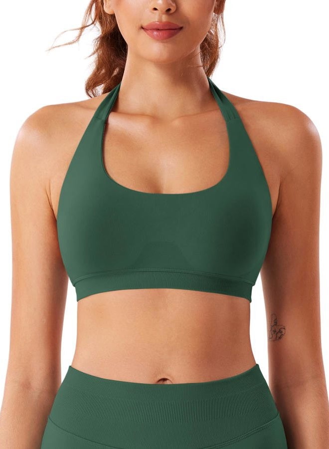 VOYJOY Women Workout Impact Bras Medium Low Support Halter Sports Bras Seamless Open Back Gym Padded Yoga Crop Top, Eden Green, S - Image 3