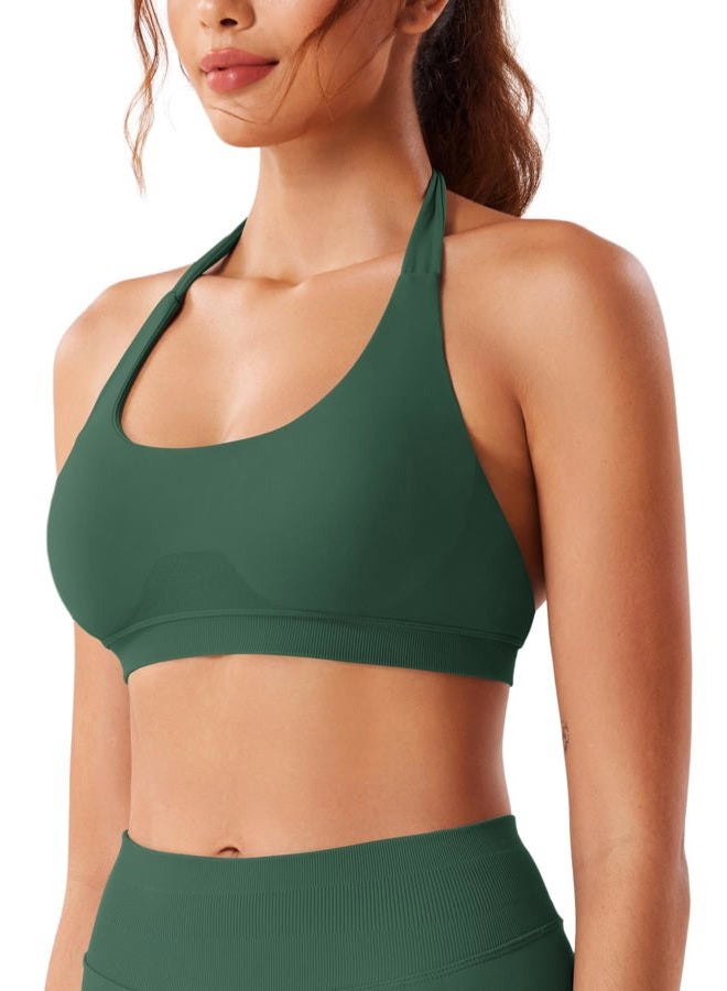 VOYJOY Women Workout Impact Bras Medium Low Support Halter Sports Bras Seamless Open Back Gym Padded Yoga Crop Top, Eden Green, S - Image 4