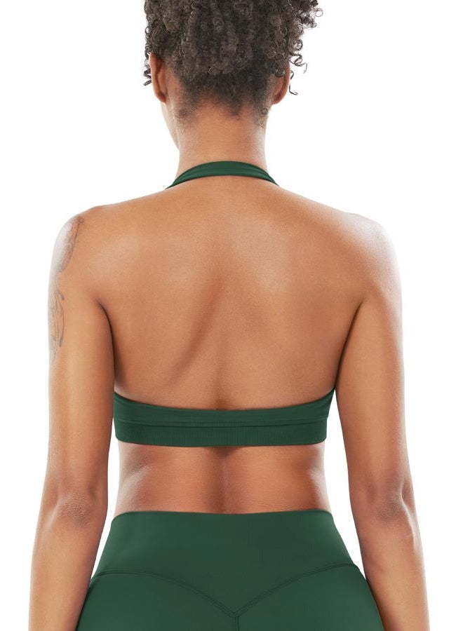 VOYJOY Women Workout Impact Bras Medium Low Support Halter Sports Bras Seamless Open Back Gym Padded Yoga Crop Top, Eden Green, S - Image 2