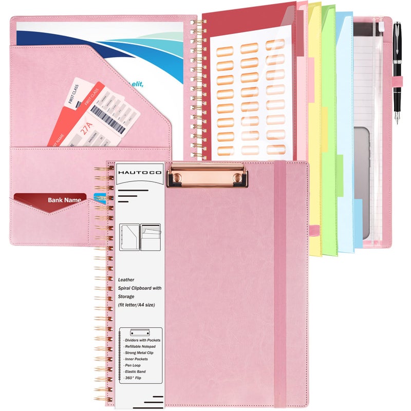 HAUTOCO Spiral Leather Clipboard Folio with Notepad (8.5 x 11''), 5 Folders with 10 Pockets, Storage Zipper Pouch, Pen Loop, 39 Stickers, Padfolio Organizer for Work School, Pink - Image 1