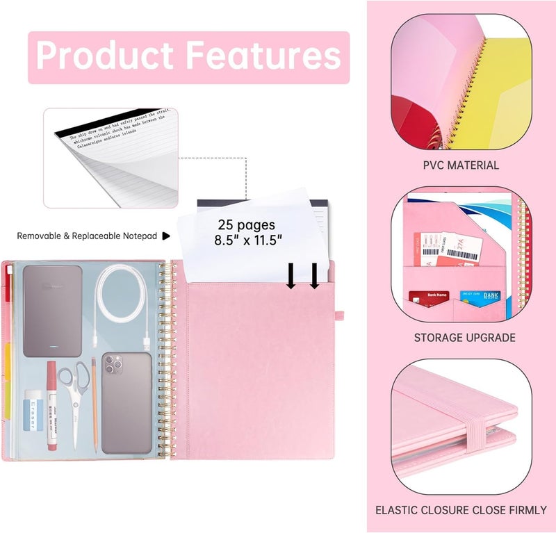 HAUTOCO Spiral Leather Clipboard Folio with Notepad (8.5 x 11''), 5 Folders with 10 Pockets, Storage Zipper Pouch, Pen Loop, 39 Stickers, Padfolio Organizer for Work School, Pink - Image 4
