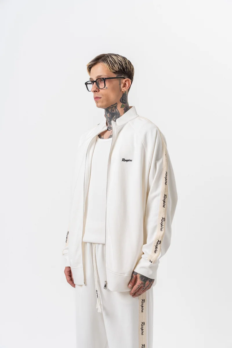 ريسباير سويت شيرت رجالي بقصة واسعة بياقة واقفة وسحاب مزدوج الوجه وخطوط