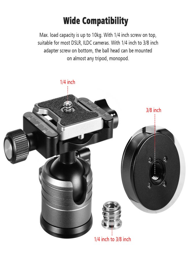 CNC Aluminum Alloy Dual Panoramic Ball Head Low Center of Gravity Single U Notch Design with 1/4 Inch Screw Mount for DSLR ILDC Cameras Tripod Monopod Max. Load 10kg Grey - Image 5