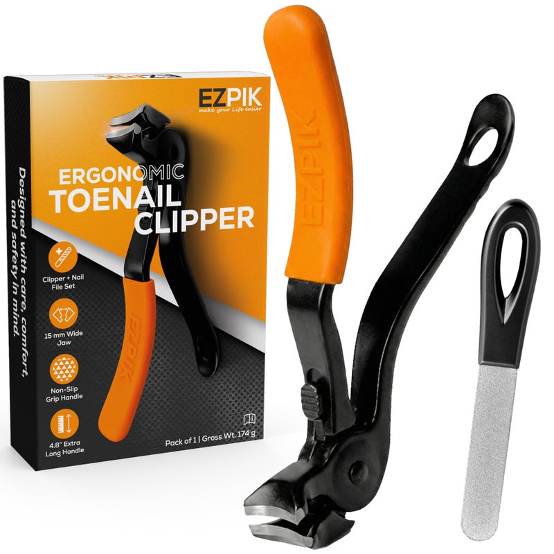 EZPIK Thick Toe Nail Clippers for Seniors with Nail File Set, Ergonomic Nail Cutter with 4.8â€ Long Handle, Angled Head & Stainless Steel Blades, Comfortable Toenail Clippers for Weak & Arthritic Hands - Image 1