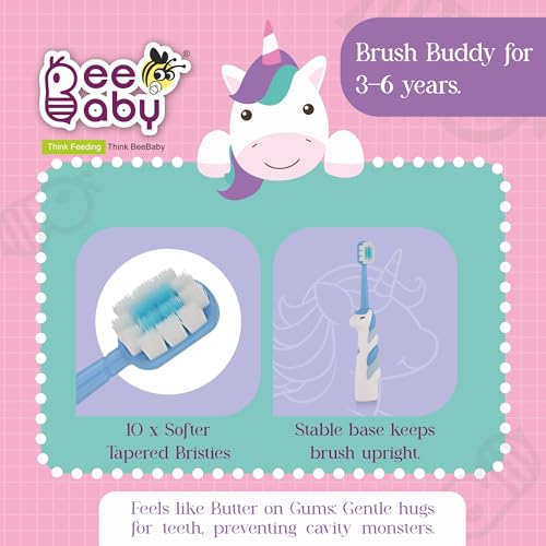 BeeBaby Unicorn Brush Buddy Toothbrush for Kids 3-6 Years, Soft Handle for Easy Grip, 10 x Softer Tapered Bristles Ideal for Milk and Permanent Teeth, 100% BPA Free. Blue - Image 2