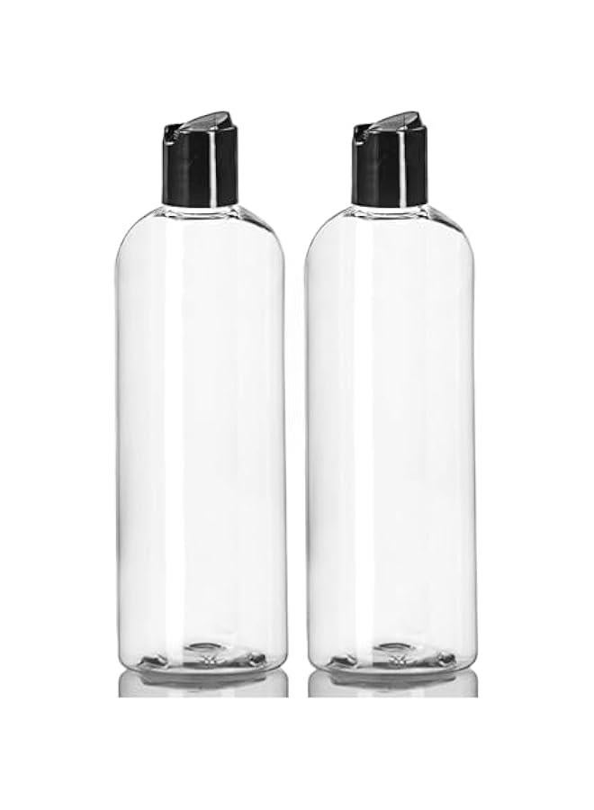 Arabest Pack of 2 Clear Plastic Bottles with Black Disc Top Caps, Ideal for Shampoo, Lotions, Creams - BPA Free, Made in USA, Squeezable and Refillable, 16 oz Capacity  - Image 1