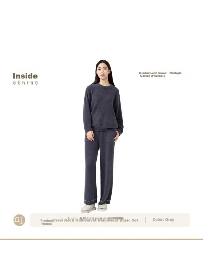 Uchino Round Neck Half-fleece Loungewear Women's Pajamas Wearable Thickened Warm Autumn Winter Gray S - Image 1