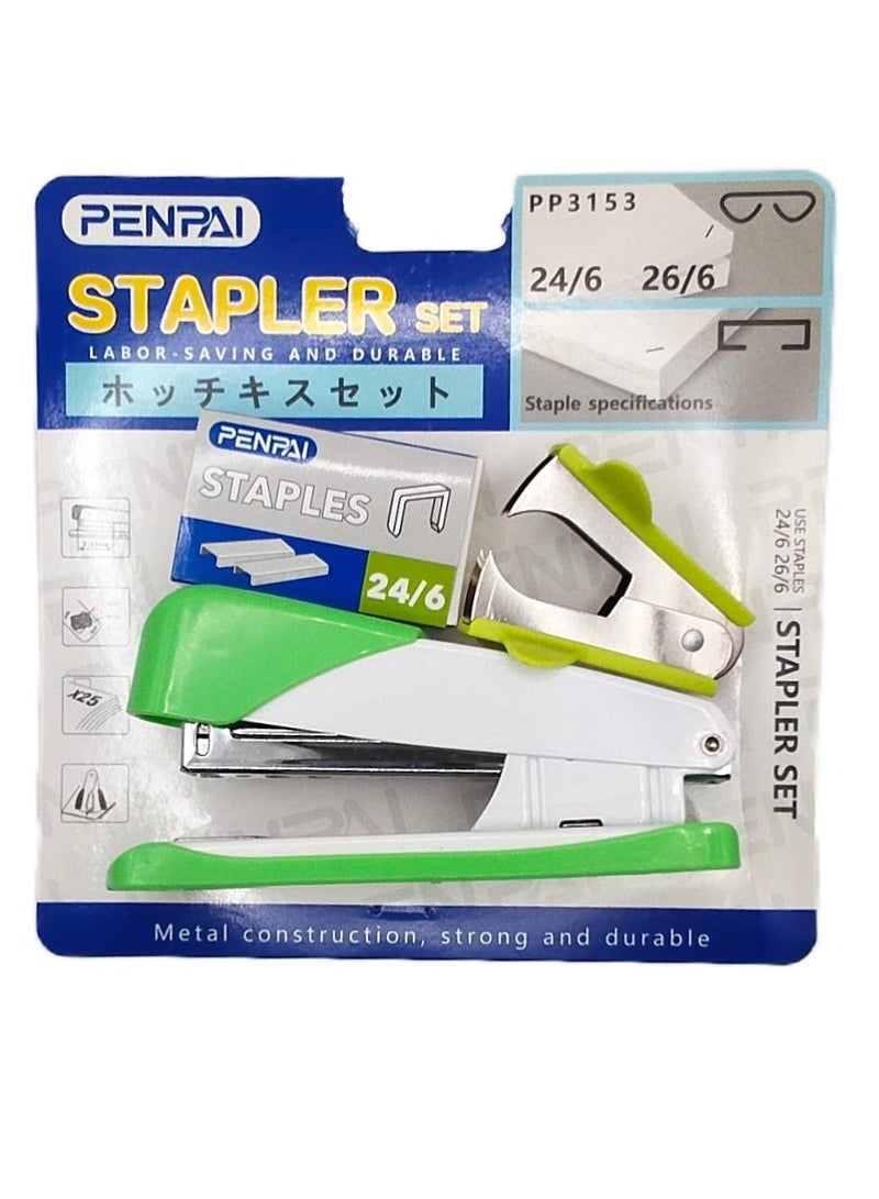 Phindbooks Penpai Stapler Set with 24/6 and 26/6 Staples, Metal Construction, Green and White - Image 1
