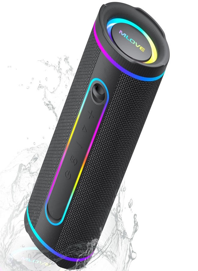 MLOVE E80 Portable Bluetooth Speaker, 30W Bluetooth 5.4 Wireless Speakers Outdoor with Lights, IPX7 Waterproof, Bass Boost, Aux Input, Micro SD Card Slot, TWS, Built-in Mic for Home, Travel, Black