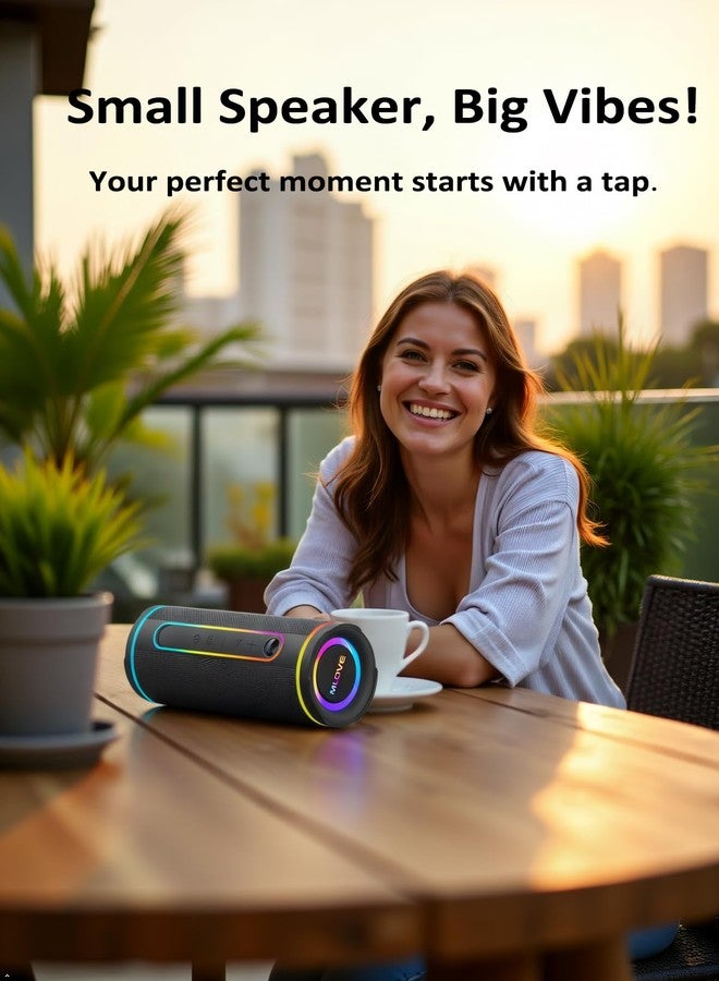 مكبر صوت بلوتوث محمول MLOVE E80، بقوة 30 واط، بتقنية بلوتوث 5.4، لاسلكي، مناسب للاستخدام الخارجي، مزود بإضاءة، مقاوم للماء بمعيار IPX7، معزز للصوت الجهير، مدخل AUX، منفذ بطاقة Micro SD، تقنية TWS، ميكروفون مدمج، مثالي للاستخدام المنزلي والسفر، لون أسود - Image 4