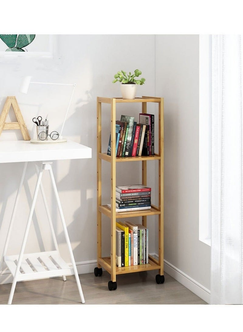 والالا رف كتب من الخيزران على الأرض بتصميم بسيط، رف تخزين للتشطيب المنزلي، منظم تخزين متين لخزانة الكتب مع عجلات للمكتب المنزلي - Image 1