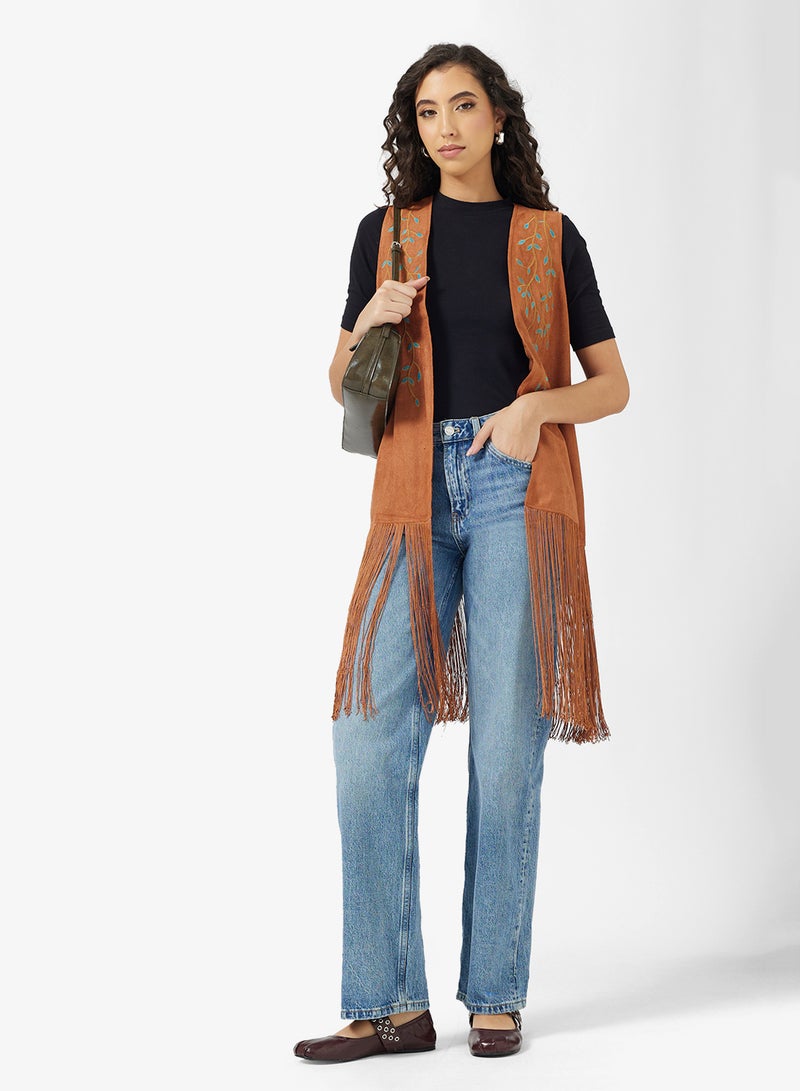 جينجر جاكيت طويل بتفاصيل شرابات من جلد السويد - Image 4