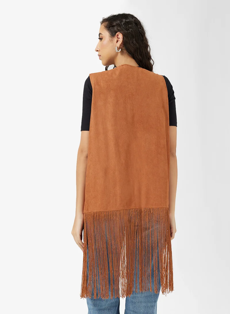 Ginger Suede Fringe Detail Longline Jacket