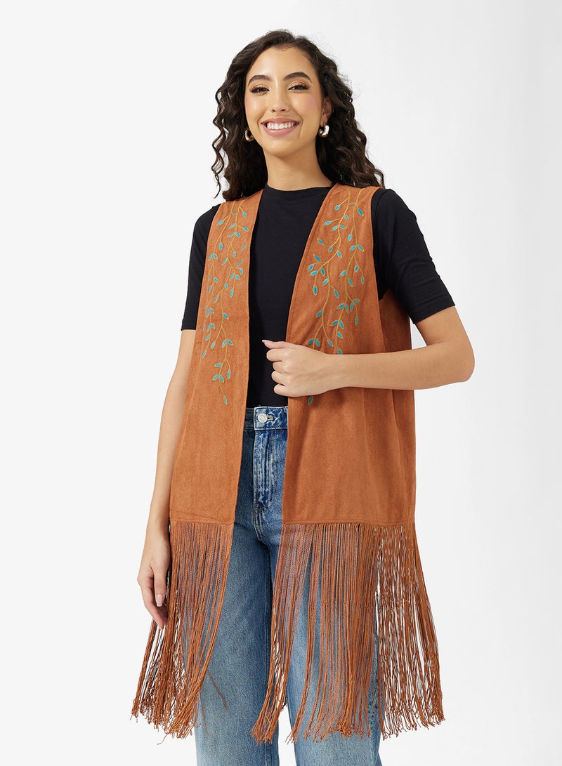 جينجر جاكيت طويل بتفاصيل شرابات من جلد السويد - Image 1