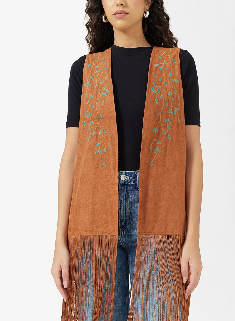 جينجر جاكيت طويل بتفاصيل شرابات من جلد السويد - Image 3