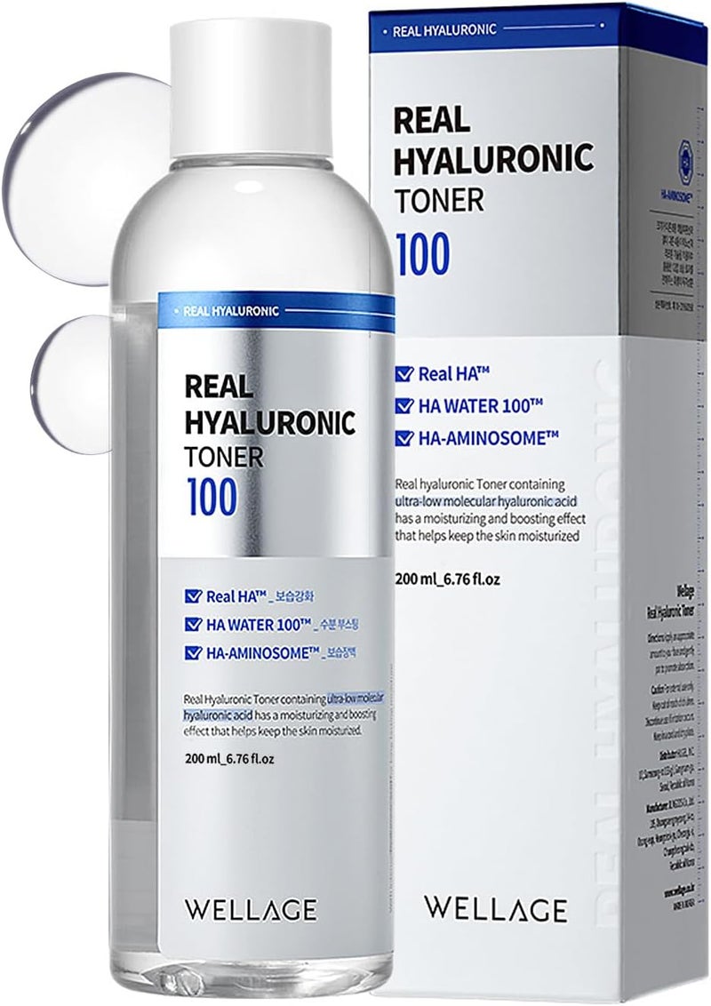 WELLAGE Real Hyaluronic Toner 100  Korean Toner with 93 Hyaluronic Acid Water  Hydrating Toner  Deep Quick Absorption  Hypoallergenic Skin IrritationFree 676 floz