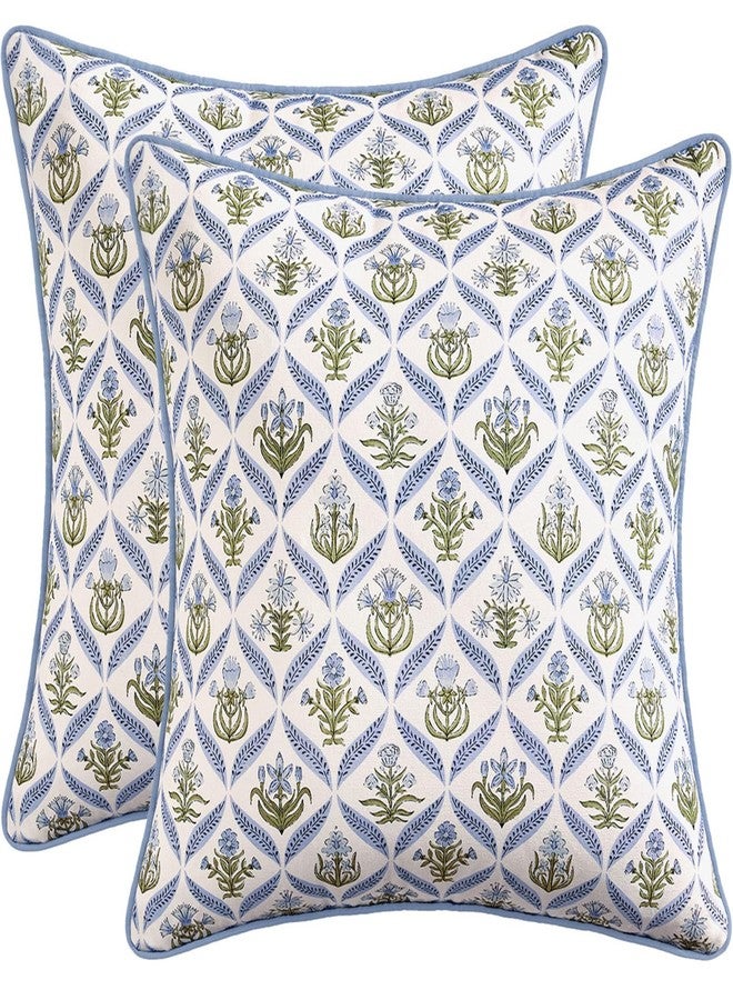 MIULEE Floral Throw Pillow Covers 18x18 Set of 2 Blue and Green Spring Decorative Block Print Cotton Cushion Covers for Couch Living Room, Modern Outdoor Sofa Vintage Garden Pillowcases Home Decor - Image 1