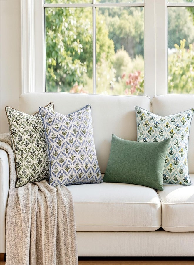 MIULEE Floral Throw Pillow Covers 18x18 Set of 2 Blue and Green Spring Decorative Block Print Cotton Cushion Covers for Couch Living Room, Modern Outdoor Sofa Vintage Garden Pillowcases Home Decor - Image 3