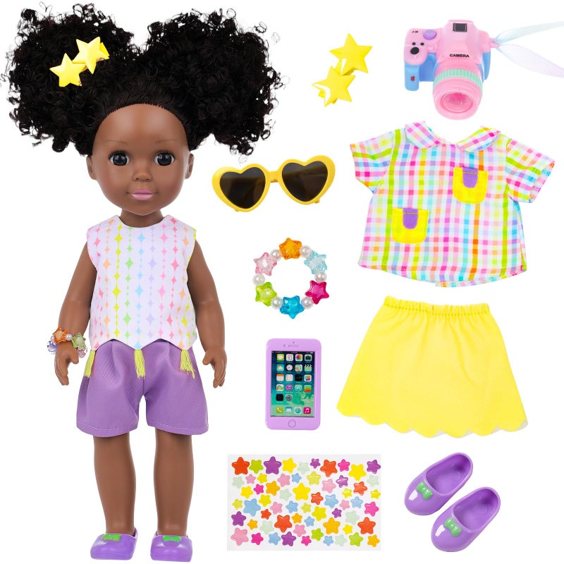 Ecore Fun 145 Inch Black Baby Doll 12 Pcs Black Doll Clothes and Accessories African Washable Realistic Silicone Girl Dolls Include Doll Clothes Shoes Phone Glasses Camera Hairpin Bracelet Stickers - Image 3