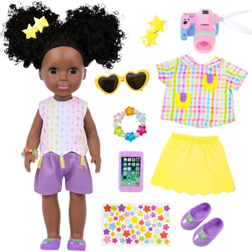 Ecore Fun 145 Inch Black Baby Doll 12 Pcs Black Doll Clothes and Accessories African Washable Realistic Silicone Girl Dolls Include Doll Clothes Shoes Phone Glasses Camera Hairpin Bracelet Stickers - Image 1