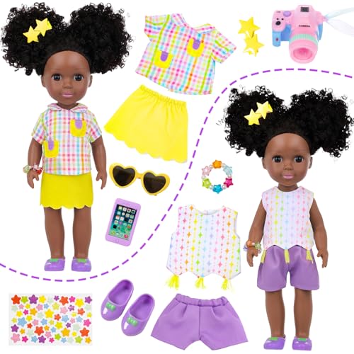 Ecore Fun 145 Inch Black Baby Doll 12 Pcs Black Doll Clothes and Accessories African Washable Realistic Silicone Girl Dolls Include Doll Clothes Shoes Phone Glasses Camera Hairpin Bracelet Stickers - Image 5