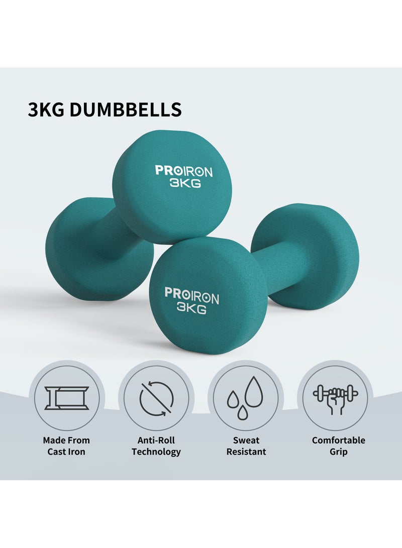 PROIRON Neoprene Dumbbells Set Weights Exercise & Fitness Dumbbells (3kg×2 green) - Image 2