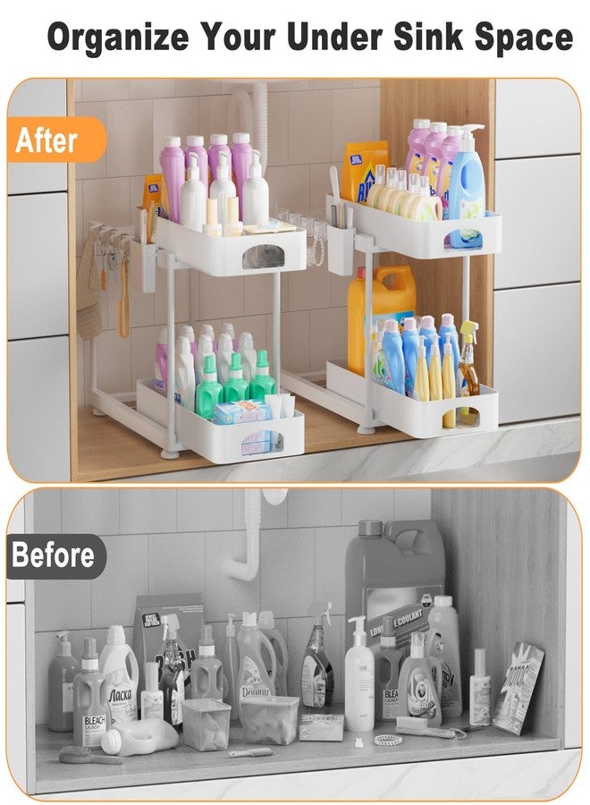 COYACOOL منظم كوياكول أسفل الحوض، منظم أسفل حوض المطبخ، عبوة من قطعتين من منظمات ووحدات تخزين خزائن الحمام، منظمات تخزين متعددة الأغراض قابلة للسحب من طبقتين لخزائن الحمام والمطبخ، أبيض - Image 2
