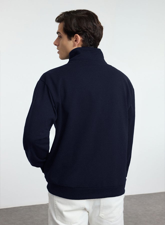 trendyol Navy Blue Oversize/Wide Cut Stand Collar Zippered Labeled Fleece Inside Sweatshirt - Image 4