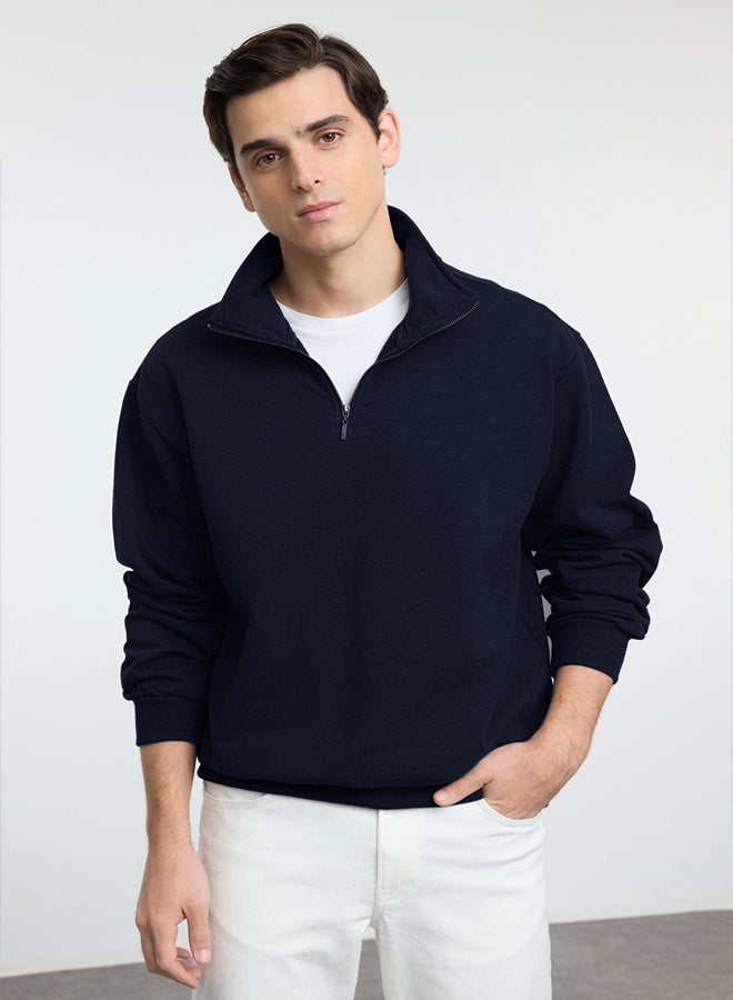 trendyol Navy Blue Oversize/Wide Cut Stand Collar Zippered Labeled Fleece Inside Sweatshirt - Image 1