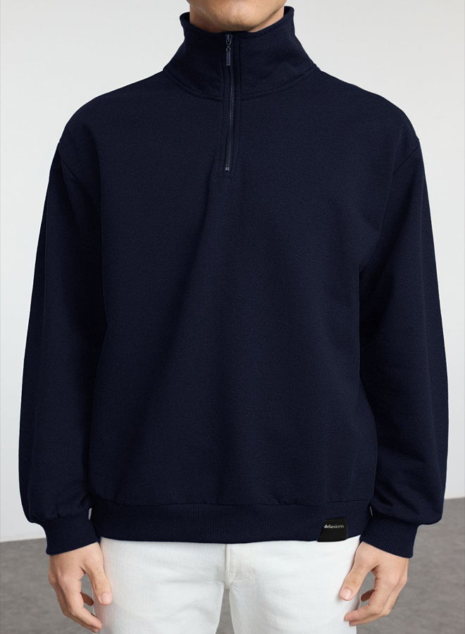 trendyol Navy Blue Oversize/Wide Cut Stand Collar Zippered Labeled Fleece Inside Sweatshirt - Image 3