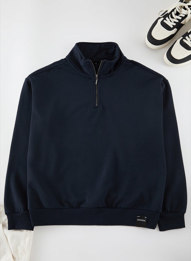 trendyol Navy Blue Oversize/Wide Cut Stand Collar Zippered Labeled Fleece Inside Sweatshirt - Image 5