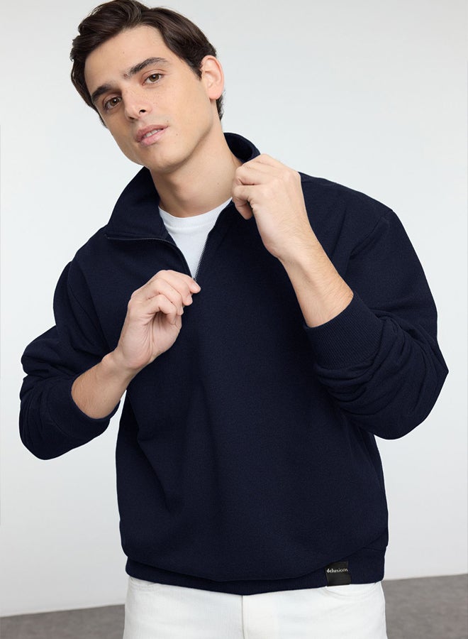 trendyol Navy Blue Oversize/Wide Cut Stand Collar Zippered Labeled Fleece Inside Sweatshirt - Image 2