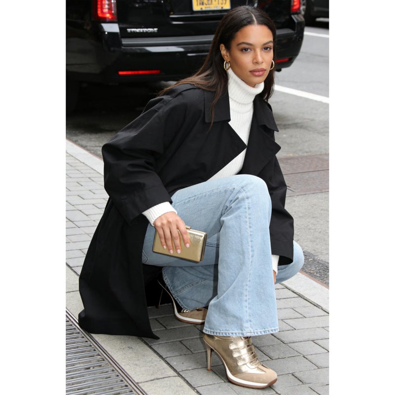 Wnshonzy Sneaker Heels for Women High Heel Gold Suede Leather Tennis Shoes Sport Dressy Round T-Toe Comfort Stiletto Style Fashion Hook&Loop Vintage Platform Y2k - Image 3