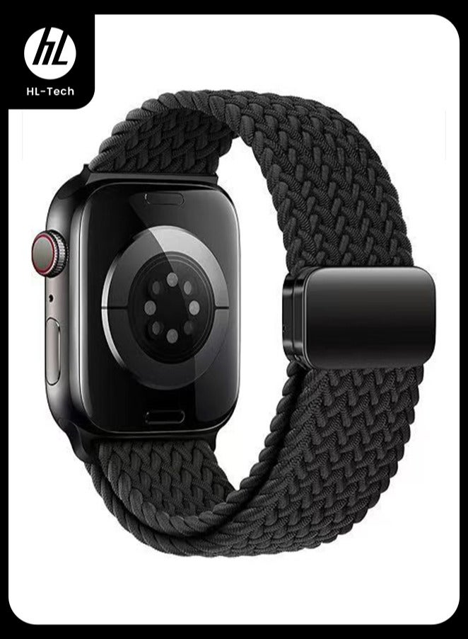 إتش إل تيك الالتصاق المغناطيسي نايلون ناعم مرنة مزخرفة الشريط، ساعة الذكية ساعة الشريط لشركة أبل ووتش ألترا 2، سلسلة أبل ووتش SE/11/10/9/8/7/6/5/4/3 أسود، 42/44/45/46/49mm - Image 1