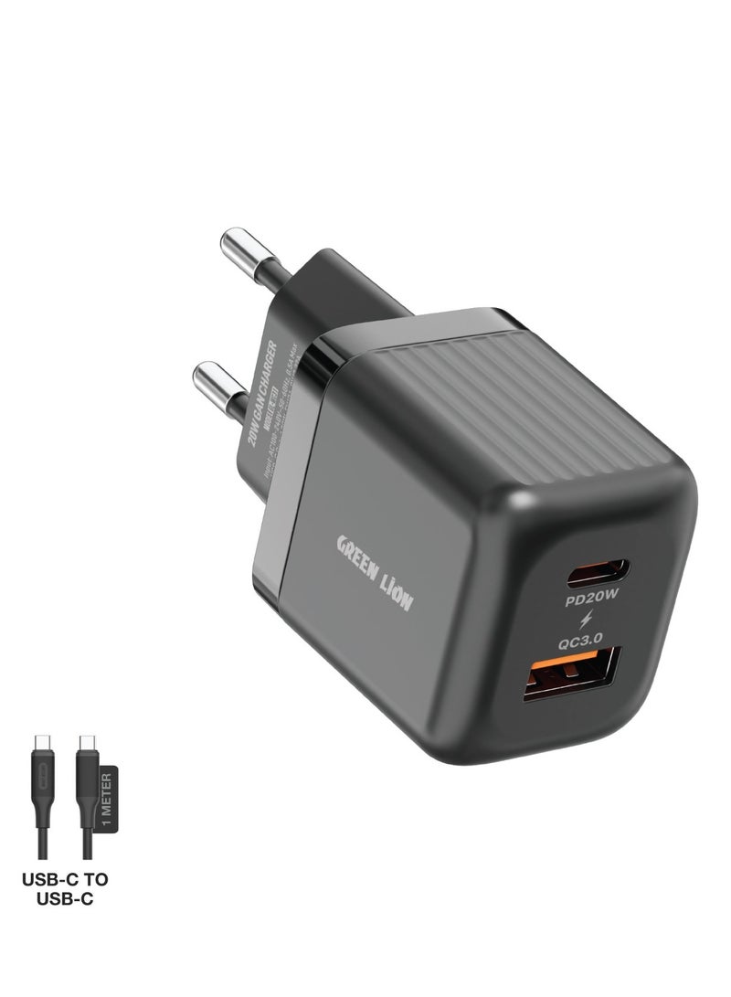 GREEN LION Ultra Compact GaN Wall Charger 2 Port EU Pin PD20W + QC3.0 with Type-C to Type-C Cable/ USB-C & USB-A Ports / Simultaneous Charging f /Charging Protection / Travel / Secure Charger for Home & Office - Black - Image 1