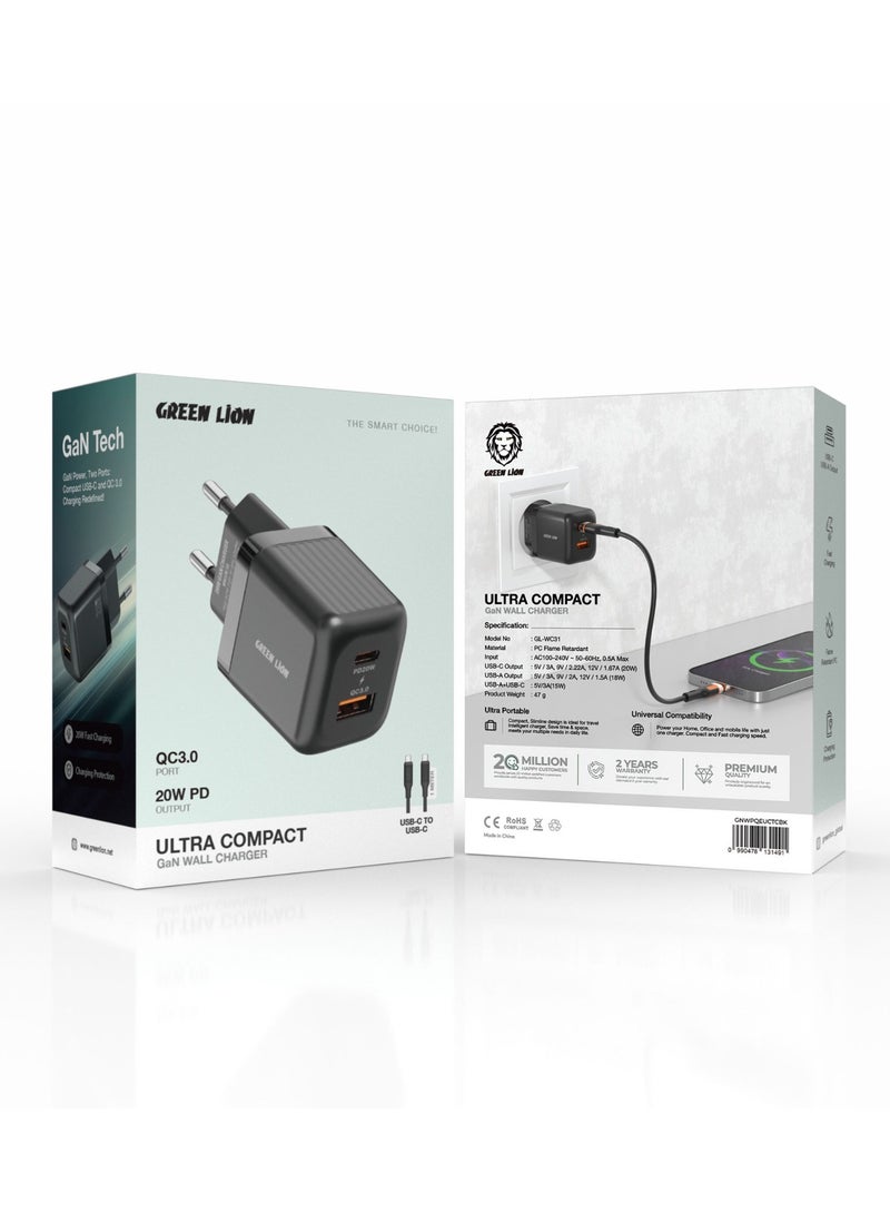 GREEN LION Ultra Compact GaN Wall Charger 2 Port EU Pin PD20W + QC3.0 with Type-C to Type-C Cable/ USB-C & USB-A Ports / Simultaneous Charging f /Charging Protection / Travel / Secure Charger for Home & Office - Black - Image 3