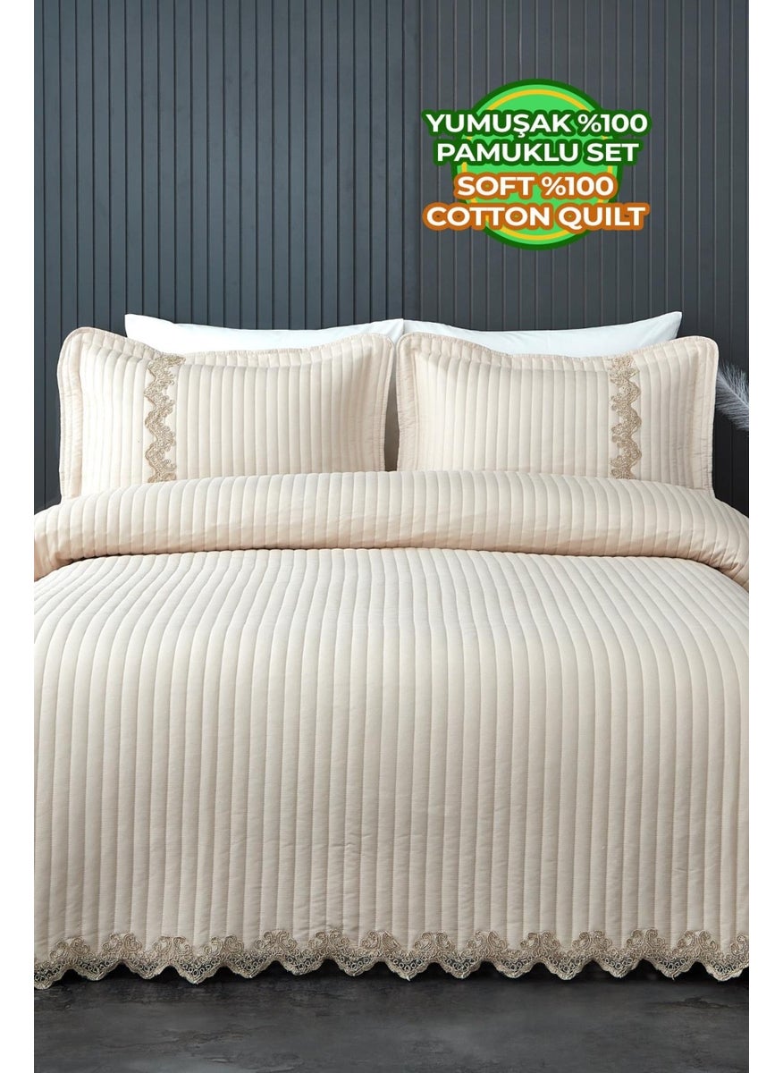 Evlen Home Collection Mihrimah Lace Luxury Bedspread Set Double Cotton Stylish Elegant Soft Textured Pique Beige  - Image 1
