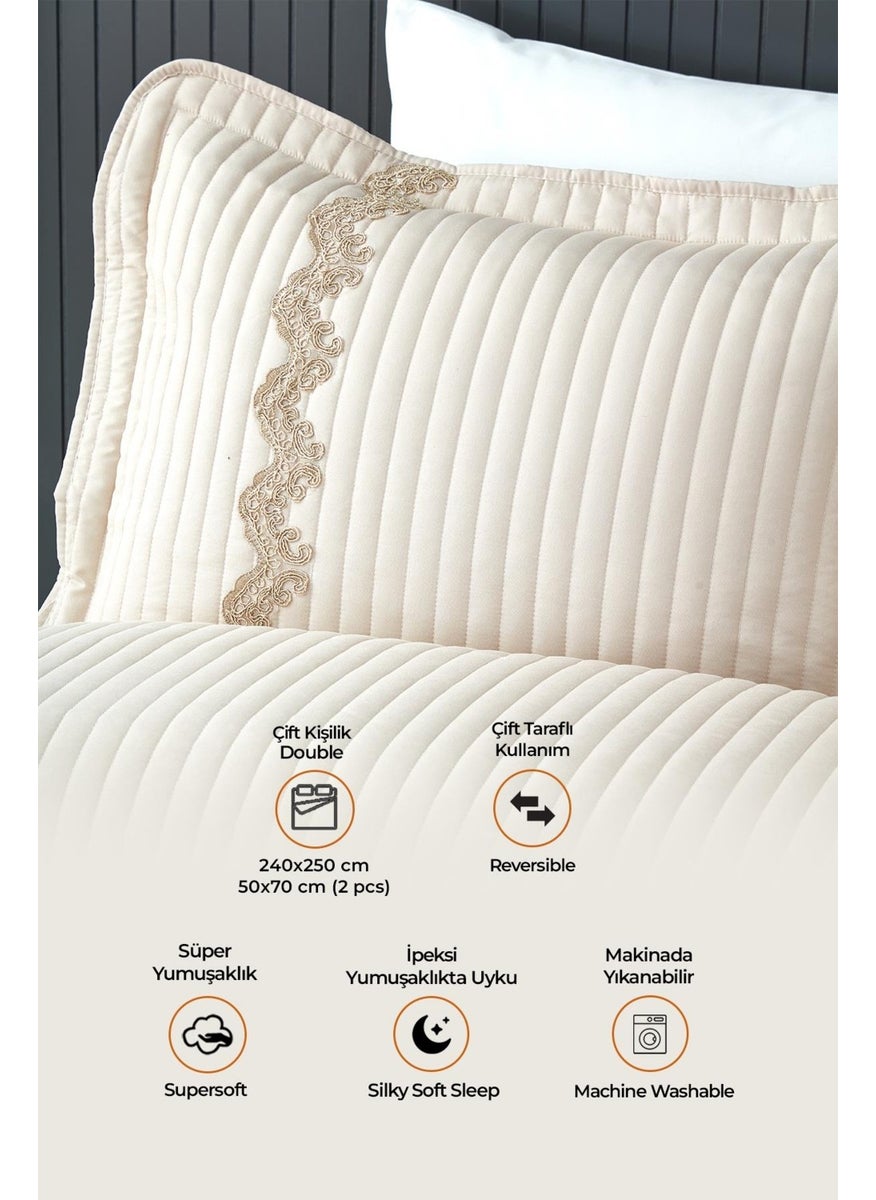 Evlen Home Collection Mihrimah Lace Luxury Bedspread Set Double Cotton Stylish Elegant Soft Textured Pique Beige  - Image 2