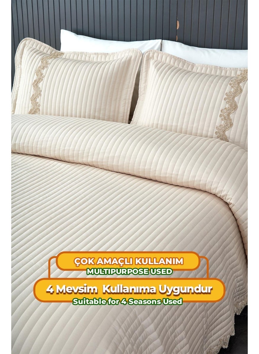 Evlen Home Collection Mihrimah Lace Luxury Bedspread Set Double Cotton Stylish Elegant Soft Textured Pique Beige  - Image 3